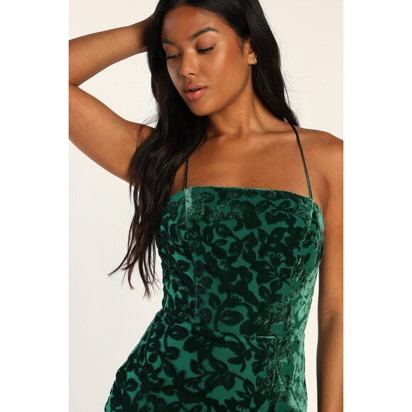 Lulu’s Womens Leave You Wishing Emerald Green Burnout Velvet Lace-Up Dress Sz L - Picture 3 of 12